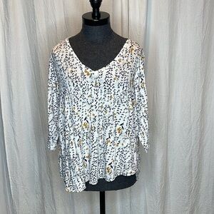 Rachel Zoe Top Women 2X Plus 100% Linen Floral V-Neck Half Sleeve Coastal